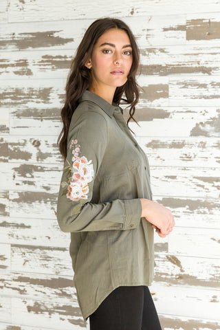 Olive Button Down Shirt with Embroidery
