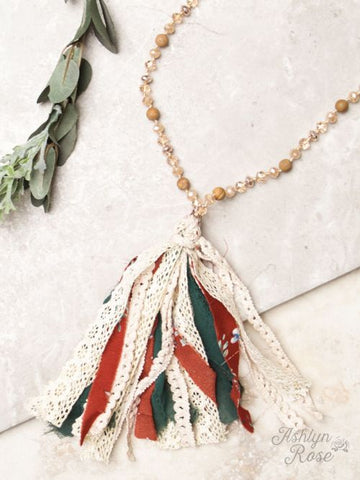 Rust and Green Tassel on Bead Necklace