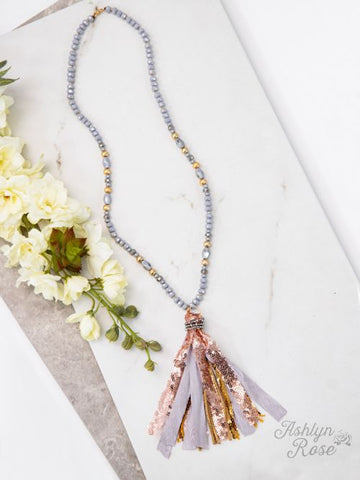 The Perfect Tassel Necklace in Grey/Rosegold