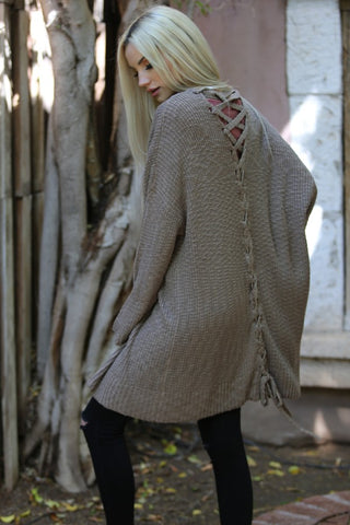 Taupe Lace Up Back Cardigan