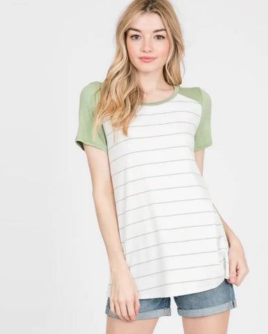 S/S Baseball Striped Tee in Lime