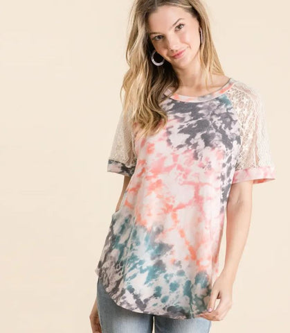 French Terry Tie Dye Top with Lace Sleeves